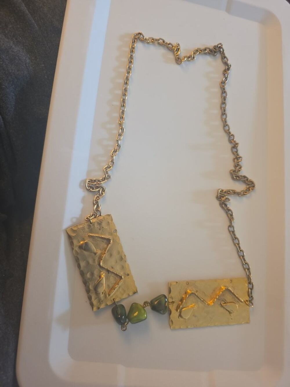 Vintage Hammered Brass Necklace with Green Beads